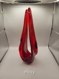Vintage MCM Viartec Style Art Glass Basket Vase 13.5 Red Orange Cadmium Glow