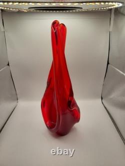 Vintage MCM Viartec Style Art Glass Basket Vase 13.5 Red Orange Cadmium Glow