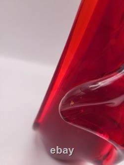 Vintage MCM Viartec Style Art Glass Basket Vase 13.5 Red Orange Cadmium Glow