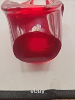 Vintage MCM Viartec Style Art Glass Basket Vase 13.5 Red Orange Cadmium Glow