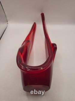 Vintage MCM Viartec Style Art Glass Basket Vase 13.5 Red Orange Cadmium Glow