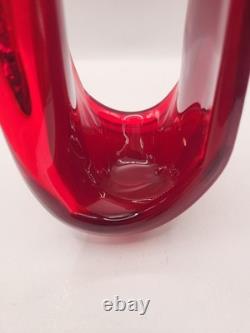 Vintage MCM Viartec Style Art Glass Basket Vase 13.5 Red Orange Cadmium Glow