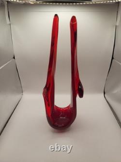 Vintage MCM Viartec Style Art Glass Basket Vase 13.5 Red Orange Cadmium Glow