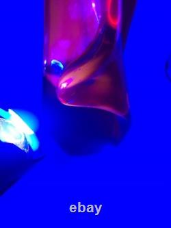 Vintage MCM Viartec Style Art Glass Basket Vase 13.5 Red Orange Cadmium Glow