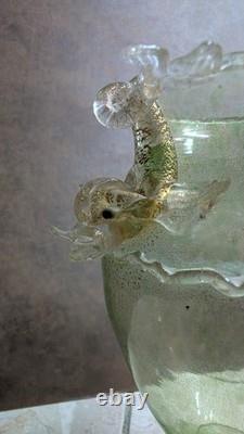 Vintage MURANO Art Glass VASE/AMPHORA Clear-Green w 24K Gold Leaf