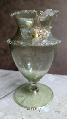 Vintage MURANO Art Glass VASE/AMPHORA Clear-Green w 24K Gold Leaf
