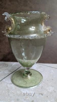 Vintage MURANO Art Glass VASE/AMPHORA Clear-Green w 24K Gold Leaf