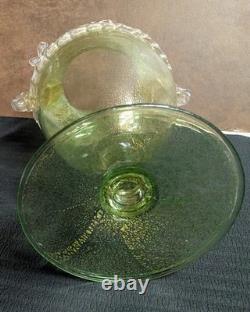 Vintage MURANO Art Glass VASE/AMPHORA Clear-Green w 24K Gold Leaf