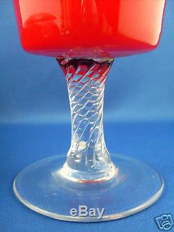 Vintage MURANO Handcrafted ART GLASS Orange VASE with Clear TWISTED STEM-