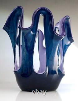 Vintage Makora Krosno Open Vase Poland Art Glass Marbled Effect Blue 21cm Tall