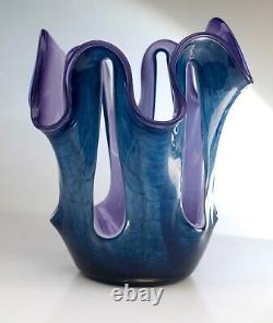 Vintage Makora Krosno Open Vase Poland Art Glass Marbled Effect Blue 21cm Tall