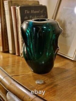 Vintage Mid Century Jindrich Beranek Czech Skrdlovice Teal Green Art Glass Vase
