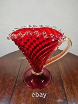Vintage Mid Century Venetian Murano Red & Gold Footed Art Glass Jug Vase