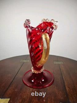 Vintage Mid Century Venetian Murano Red & Gold Footed Art Glass Jug Vase