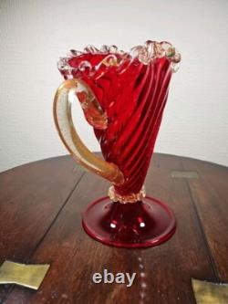 Vintage Mid Century Venetian Murano Red & Gold Footed Art Glass Jug Vase