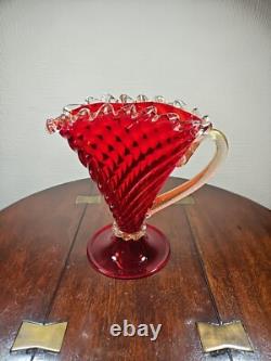 Vintage Mid Century Venetian Murano Red & Gold Pedestal Art Glass Jug Vase