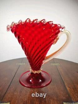 Vintage Mid Century Venetian Murano Red & Gold Pedestal Art Glass Jug Vase