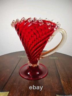 Vintage Mid Century Venetian Murano Red & Gold Pedestal Art Glass Jug Vase