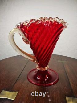 Vintage Mid Century Venetian Murano Red & Gold Pedestal Art Glass Jug Vase