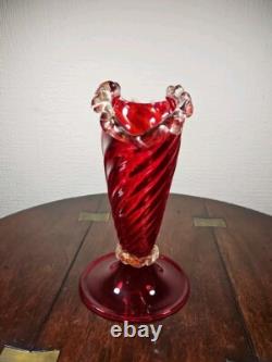 Vintage Mid Century Venetian Murano Red & Gold Pedestal Art Glass Jug Vase