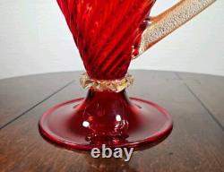 Vintage Mid Century Venetian Murano Red & Gold Pedestal Art Glass Jug Vase