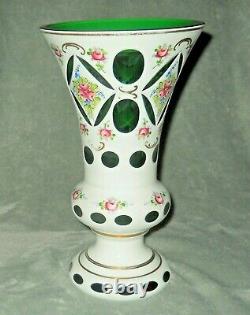 Vintage Moser Bohemian Czech Mantle Vase White Floral Green Glass