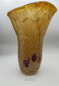 Vintage Murano Amber Art Glass Vase 11 Hand Blown Ruffled Millefiori Italian