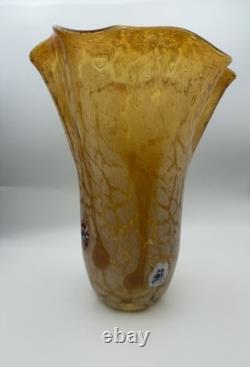 Vintage Murano Amber Art Glass Vase 11 Hand Blown Ruffled Millefiori Italian