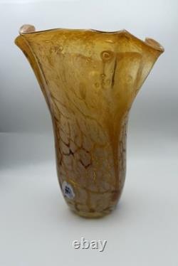 Vintage Murano Amber Art Glass Vase 11 Hand Blown Ruffled Millefiori Italian