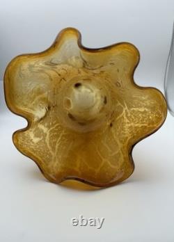 Vintage Murano Amber Art Glass Vase 11 Hand Blown Ruffled Millefiori Italian