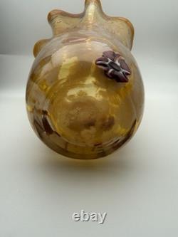 Vintage Murano Amber Art Glass Vase 11 Hand Blown Ruffled Millefiori Italian