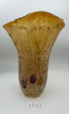 Vintage Murano Amber Art Glass Vase 11 Hand Blown Ruffled Millefiori Italian