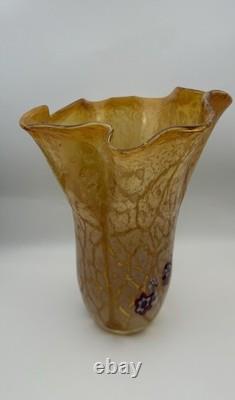 Vintage Murano Amber Art Glass Vase 11 Hand Blown Ruffled Millefiori Italian