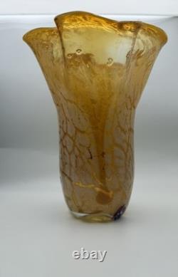 Vintage Murano Amber Art Glass Vase 11 Hand Blown Ruffled Millefiori Italian