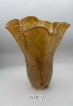Vintage Murano Amber Art Glass Vase 11 Hand Blown Ruffled Millefiori Italian