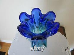 Vintage Murano Art Glass Vase Cobalt Blue Aqua Swirl Fluted Flavio PS Manner