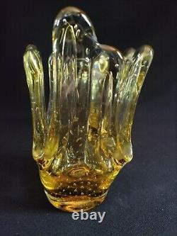 Vintage Murano Bullicante Controlled Bubble Glass Amber Honey Drip Art Vase