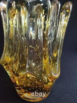 Vintage Murano Bullicante Controlled Bubble Glass Amber Honey Drip Art Vase