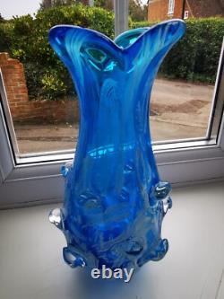 Vintage Murano Freeform Blue & White Filigree Canes Art Glass Vase C1970's