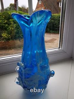 Vintage Murano Freeform Blue & White Filigree Canes Art Glass Vase C1970's