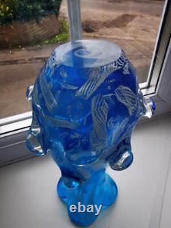 Vintage Murano Freeform Blue & White Filigree Canes Art Glass Vase C1970's