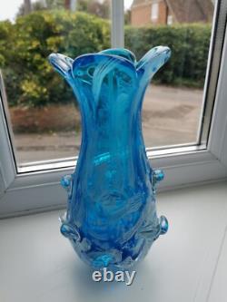Vintage Murano Freeform Blue & White Filigree Canes Art Glass Vase C1970's