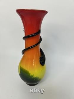 Vintage Murano Glass Vase 22cm Red Orange Yellow Black Spiral Ribbon Hand Blown