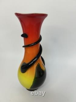 Vintage Murano Glass Vase 22cm Red Orange Yellow Black Spiral Ribbon Hand Blown