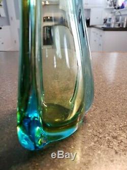Vintage Murano Italian Art Glass Sommerso Blue, Amber, Red 3 Lobed 12 Vase
