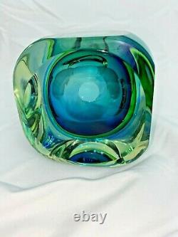 Vintage Murano Sommerso Faceted Block Art Glass Vase Blue Green