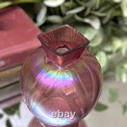 Vintage Red Iridescent Loetz Kralik Art Glass Vase Round With Square Top 4 Tall