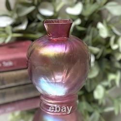 Vintage Red Iridescent Loetz Kralik Art Glass Vase Round With Square Top 4 Tall