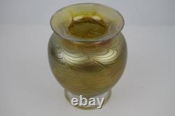 Vintage Robert D Held, Iridescent Art Glass Ruffled Feather Vase, Gold & Purple