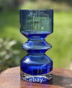 Vintage Scandinavian Blue Glass Vase 20cm Riihimaki Style MCM 60s